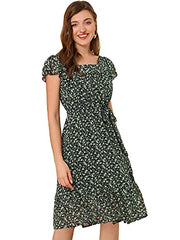 Allegra K Women's Floral Chiffon Flutter Sleeve Belted Square Neck Ruffled Hem Dress | Women's Casual Dresses
