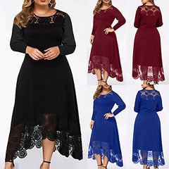 Plus Size Maxi Dress Women Sexy Fall Long Sleeve Round Neck Irregular Hem Lace Loose Dress Wedding Guest Party Dress