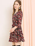 Women's Floral V Neck Long Sleeve Tie Waist Layered Ruffle Hem Dress