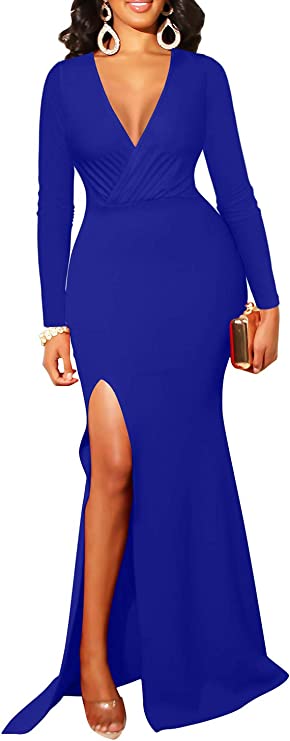Blue Women's Sexy Long Sleeve V Neck Wrap Side Split Bodycon Cocktail Party Maxi Dress - GOBLES | Women's Cocktail Dresses