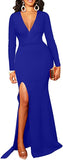 Blue Women's Sexy Long Sleeve V Neck Wrap Side Split Bodycon Cocktail Party Maxi Dress - GOBLES | Women's Cocktail Dresses
