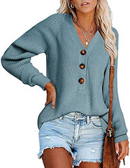 Women Long Sleeve V Neck Button Down Sweater Solid Color Ribbed Knit Sweater Casual Relaxed Fit Pullover Jumper