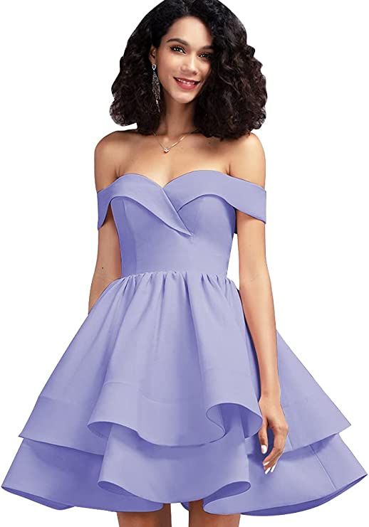 Lilac Off Shoulder Short Prom Dress Satin Homecoming Dresses for Teens Original Brand