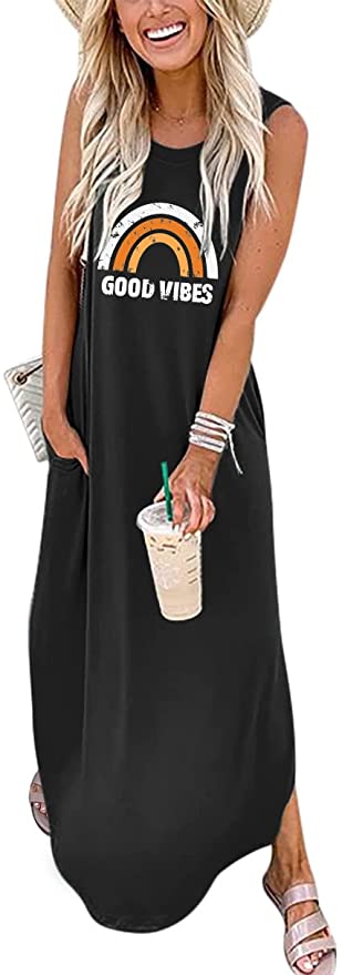 Black Rainbow Women's Casual Loose Long Sleeveless Sundress with Pockets - ANRABESS | Women's Casual Dresses