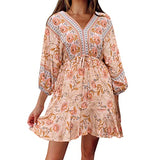 Women's Dress Print Short Sleeves Dress V Neck Tie Back Summer Dress Loose Shift Women's Dress | Original Brand