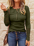 BTFBM Women Long Sleeve V Neck Button Up Solid Tops Blouses Trendy Slim Fit Lace Sleeves Ribbed Knit Casual Shirts Tunic(Lace Amry Green, Medium) | Women's Casual Dresses