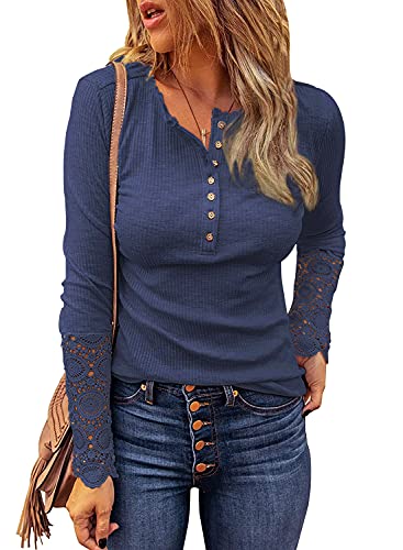 BTFBM Women Long Sleeve V Neck Button Up Solid Tops Blouses Trendy Slim Fit Lace Sleeves Ribbed Knit Casual Shirts Tunic (Lace Navy, Medium) | Women's Casual Dresses