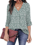 Floral Green Womens 3/4 Cuffed Sleeve Chiffon Printed V Neck Casual Blouse Shirt Tops - Youtalia | Women's Tops and Blouses