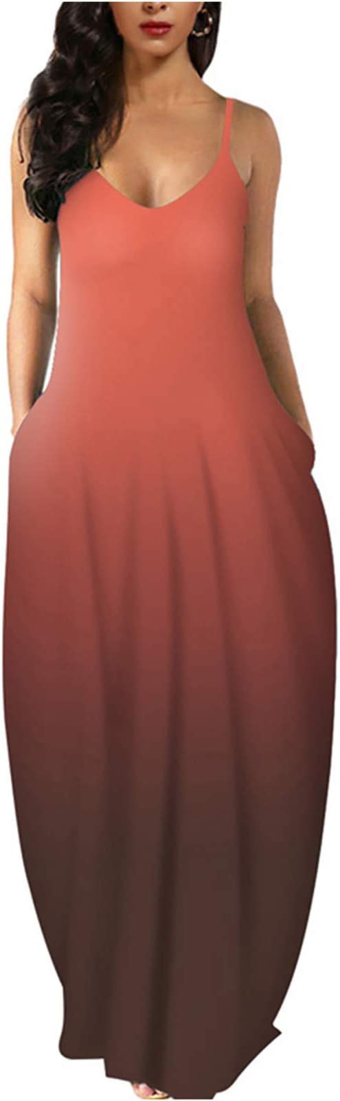 Gradient Orange Red Womens Casual Sleeveless Plus Size Loose Plain Long Maxi Dress with Pockets - Wolddress | Women's Casual Dresses