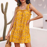 Womens Floral Cocktail Yellow Dresses, Summer Sling Lace-up Strap Camisole Sweeet Neck Sleeveless Loose Casual Dress | Original Brand