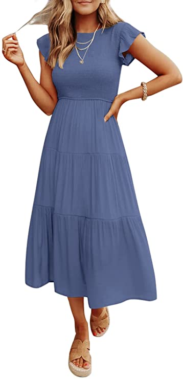 Dusty Blue Women's Summer Casual Flutter Short Sleeve Crew Neck Smocked Elastic Waist Tiered Midi Dress - ZESICA | Women's Casual Dresses