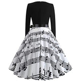 Christmas Dresses Fashion Winter Women Long Sleeve O-Neck Musical Notes Printed Big Skirt Daily Party Dress Xmas Dress | Original Brand | Women's Work Dresses