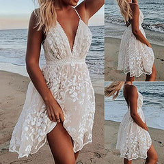 Summer Dress For Women White Lace Backless V Neck Spaghetti Strap Dress Floral High Waist Flowy Beach Dress 2021