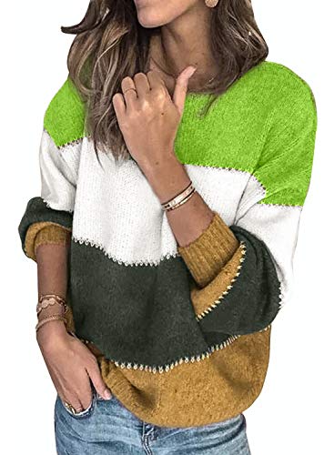 Canikat Women's Crewneck Color Block Striped Sweater Long Sleeve Loose Knit Pullover Jumper Tops