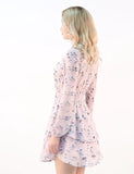 Women's Floral Smocked Waist Tie Neck Layered Chiffon Mini Dress