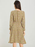 Women's Puff Sleeve Fit and Flare Round Neck Floral Midi Dress