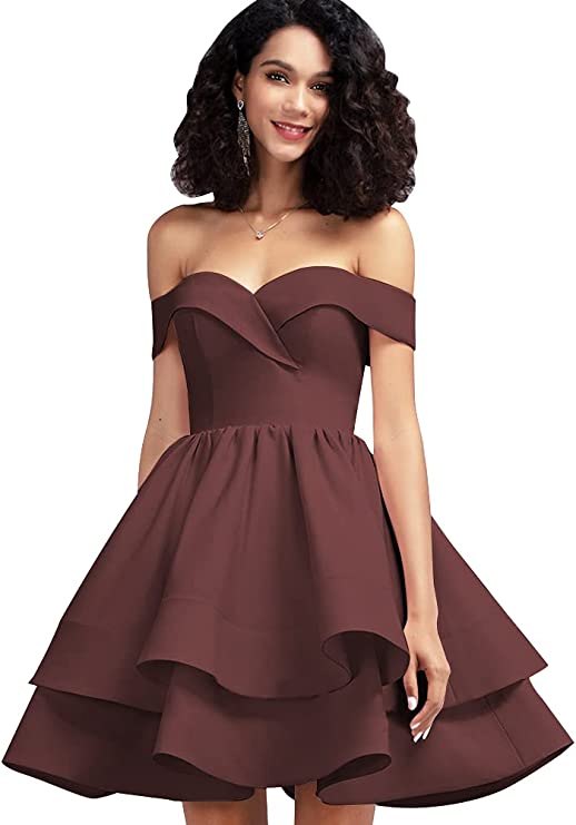 Burgundy Off Shoulder Short Prom Dress Satin Homecoming Dresses for Teens A Line Cocktail Party Gowns Mini Dress - Homdor | Women's Cocktail Dresses