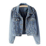 Duyang Women's Embroidered Pearls Rivet Denim Jacket Casual Loose Short Jean Coat