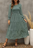 Women Long Sleeve Smocked Bodice and Cuffs Boho Tiered Floral Midi Dress