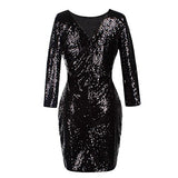 Womens 3/4 Sleeve V Neck Sequin Glam Flapper Party Dress Cocktail Glitter Bodycon Wedding Evening Clubwear