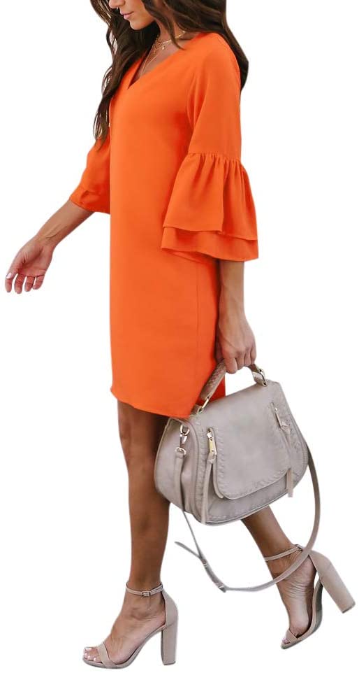 Orange Women's Dress Sweet & Cute V-Neck Bell Sleeve Shift Dress Mini Dress - BELONGSCI | Women's Casual Dresses