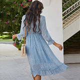 Women V-Neck Chiffon Dress Floral Printed Long Sleeve Square Collar Bohemian Summer Beach Ruffle Hem Sundress