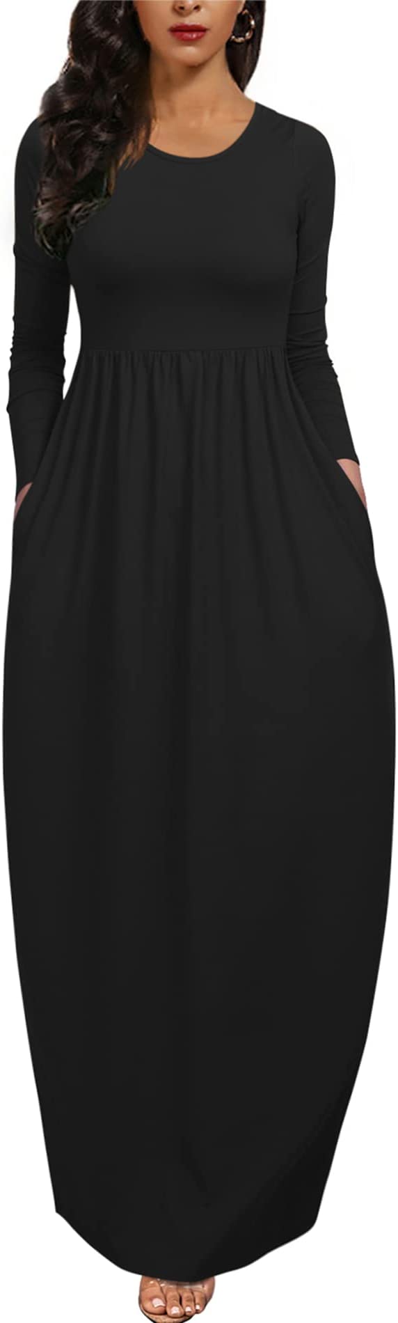 Long Sleeve Black Womens Casual Sleeveless Plus Size Loose Plain Long Maxi Dress with Pockets - Wolddress | Women's Casual Dresses