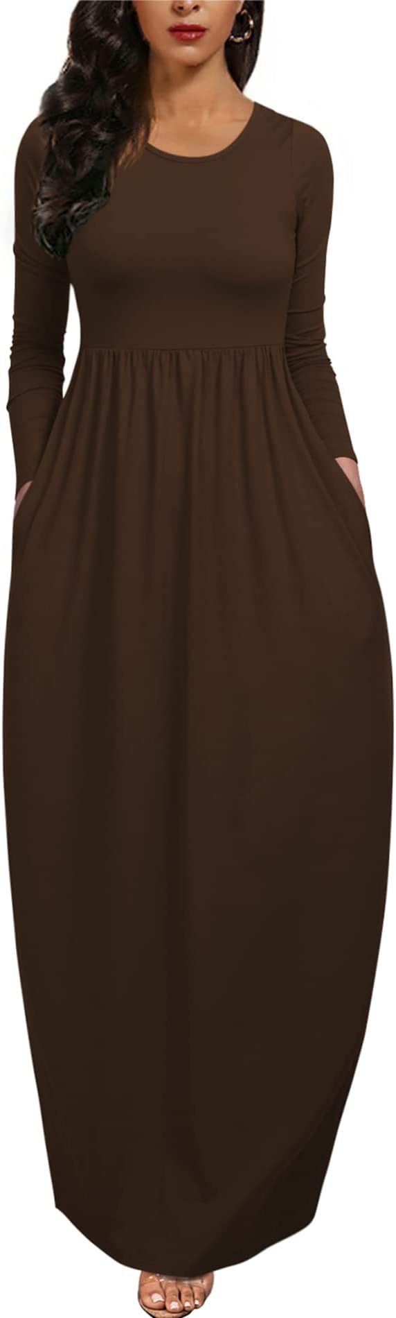 Long Sleeve Brown Womens Casual Sleeveless Plus Size Loose Plain Long Maxi Dress with Pockets - Wolddress | Women's Casual Dresses