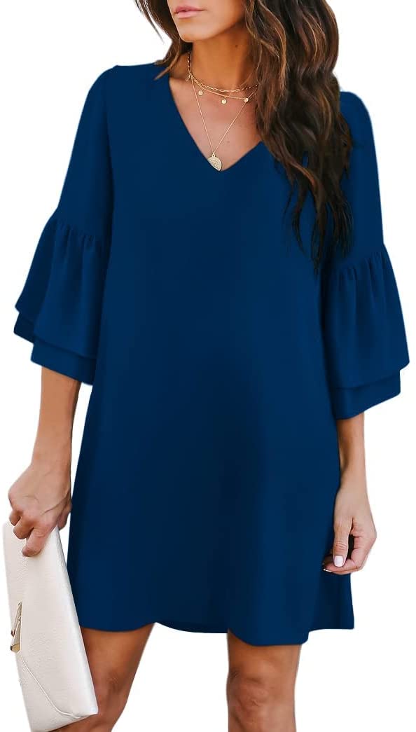 Navy Women's Dress Sweet & Cute V-Neck Bell Sleeve Shift Dress Mini Dress - BELONGSCI | Women's Casual Dresses
