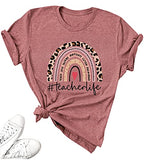 Womens Teacher Life T-Shirt Rainbow Leopard Graphic Tee Shirts Inspirational Teachers Gift | Original Brand | Women's Tops and Blouses