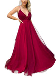 Wine Red Sleeveless Women's Solid Mesh Spaghetti Strap Sequin Cross Back Elegant Evening Party Dress - Fuedage | Women's Formal Dresses