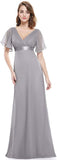 Grey Women's Short Sleeve V-Neck Long Evening Dress - Ever Pretty 