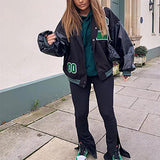 Women's Long Sleeve BaseballJackets Letter Print Color Block Zip Up Oversized Retro Hip-hop Uniform Outerwear | Women's Coat & Jacket