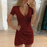 Women's Sparkly Sequined Party Dresses Fashion Short Sleeve V-Neck Shiny Nightclub Mini Dress | Original Brand | Women's Maxi Dresses
