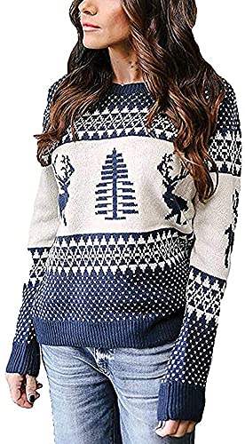 YEXIPO Women's Ugly Christmas Sweater Cute Reindeer Xmas Tree Knit Casual Long Sleeve Pullover Tops