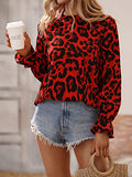Women's Leopard Print Long Sleeve Frill Trim Mock Neck Blouse Tops | Original Brand | Women's Tops and Blouses