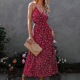 Summer Long Suspender Dress for Women Casual Backless V-Neck Polka Dots Slim Spaghetti Strap Dress | Original Brand