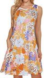 Orange Purple Flower Summer Dresses for Women Beach Floral Tshirt Sundress Sleeveless Pockets Casual Loose Tank Dress - elescat | Women's Casual Dresses