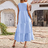 Women Sleeveless Dresses Scoop Neck Casual Dresses Pleated Flowy Summer Beach Maxi Tank Dress with Pockets | Original Brand