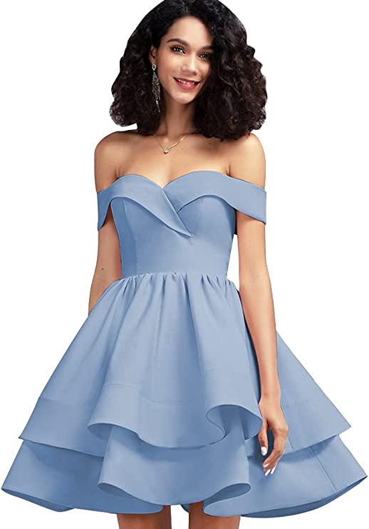 Dusty Blue Off Shoulder Short Prom Dress Satin Homecoming Dresses for Teens A Line Cocktail Party Gowns Mini Dress - Homdor | Women's Cocktail Dresses