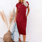 Ladies O-Neck Mid-Caif Short-Sleeved Slim-Fit Split Pocket Bottoming Dress Bodycon Dress Office Wear for Casual Club Cocktail Evening Gowns Work UK Size 8-26 | Women's Work Dresses