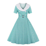 Wellwits Women's Lapel V Neck Plaid Pocket 1940s 1950s Vintage Swing Dress