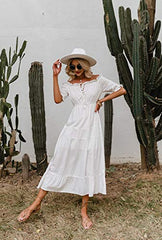 Womens Embroidered Off The Shoulder White Ruffle Maxi Dresses Boho Long Dress