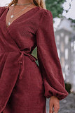 Women's Elegant Wrap Long Balloon Sleeve Corduroy Mini Dresses Deep V Neck Cocktail Mini Dress with Tie Waist