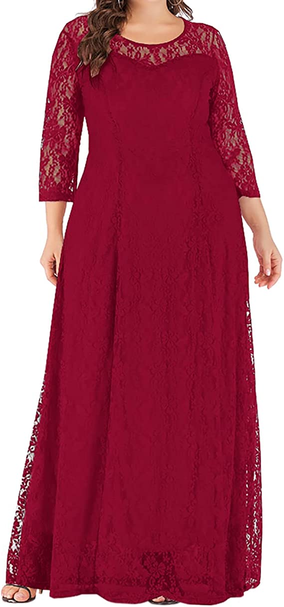 Wine Red Women Plus Size Floral Lace Sleeve Party Wedding Cocktail Swing Midi Dress with Pockets - Lrady | Women's Cocktail Dresses