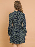 Women's Floral Printed Vintage Puff Sleeve Turndown Collar Mini Dress