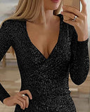 Women Fashion V-Neck Surplice Wrap Ruched Sequins Bodycon Dress