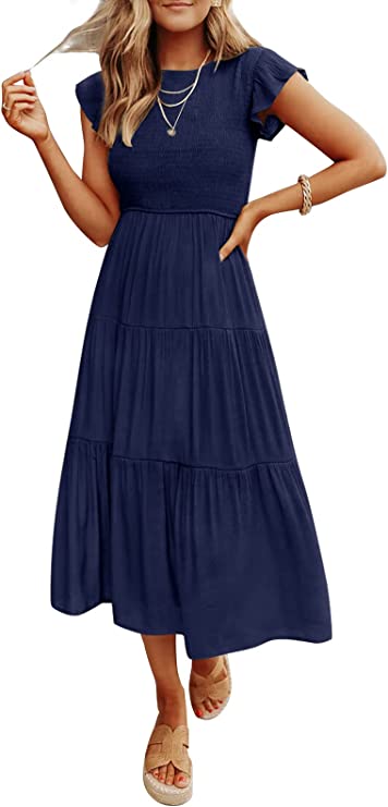 Royal Blue Women's Summer Casual Flutter Short Sleeve Crew Neck Smocked Elastic Waist Tiered Midi Dress - ZESICA | Women's Casual Dresses