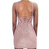 Women's Sexy Glitter Spagetti Straps Lace Up Back Bandage Bodycon Mini Club Party Dress