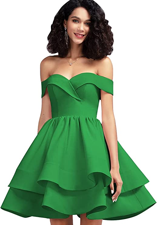 Green Off Shoulder Short Prom Dress Satin Homecoming Dresses for Teens A Line Cocktail Party Gowns Mini Dress - Homdor | Women's Cocktail Dresses